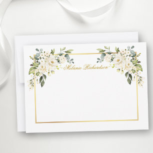 Watercolor White Floral Gold Frame Personalized Card