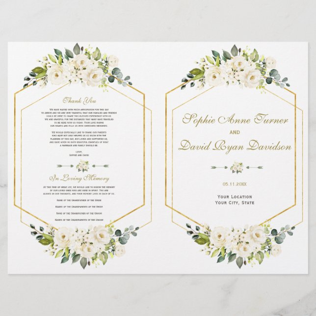 Watercolor White Floral Gold Frame Wedding Program Flyer (Front)