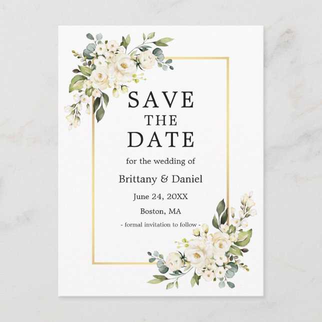 Watercolor White Floral Gold Save the Date Postcard (Front)