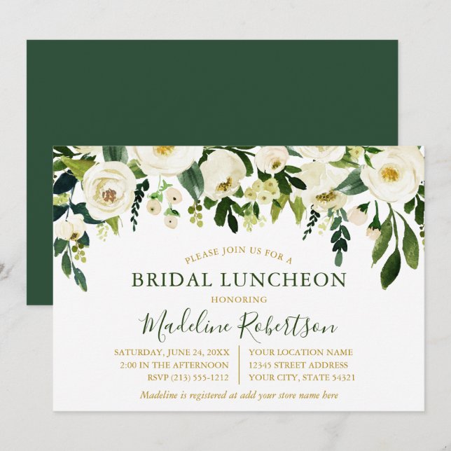 Watercolor White Floral Green Gold Bridal Lunch Invitation (Front/Back)