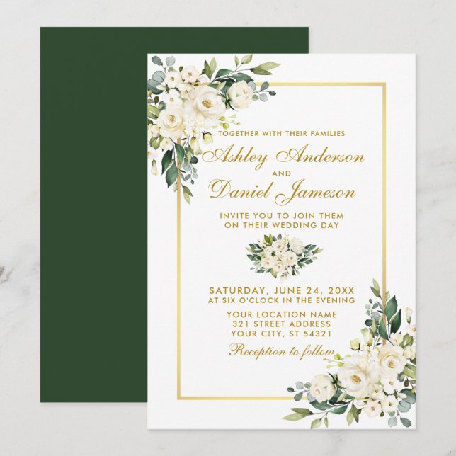 Watercolor White Floral Green Gold Photo Wedding Invitation (Front/Back)