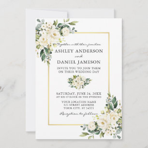 Watercolor White Floral Greenery Gold Wedding Invitation