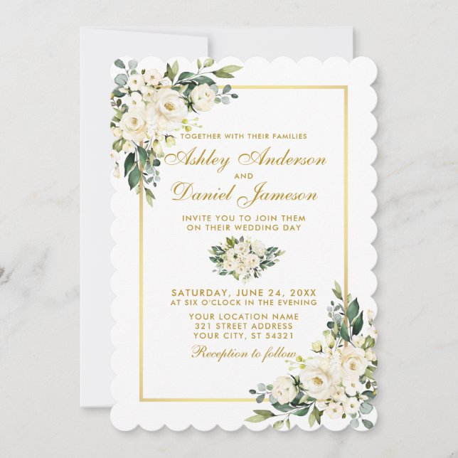 Watercolor White Floral Greenery Wedding Gold Invitation (Front)