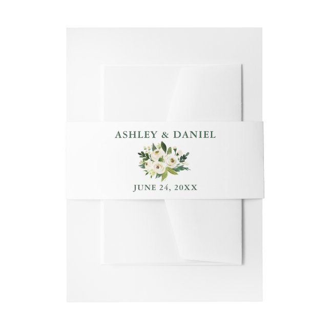 Watercolor White Floral Greenery Wedding Invitation Belly Band (Front Example)