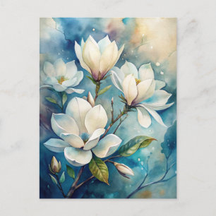 Watercolor White Floral Magnolias Peaceful Postcard