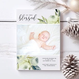 Watercolor White Floral Photo Birth Announcement