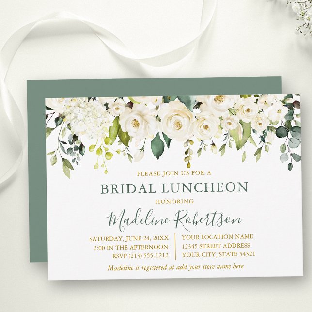 Watercolor White Floral Sage Green Bridal Luncheon Invitation (Customize to change text size, color, text style or color of back of card.)