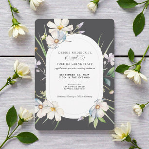 Watercolor White Floral w/Gray Wedding Invitation