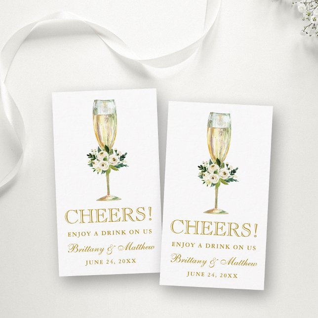 Watercolor White Floral Wedding Drink Ticket Card (Customize to change text color, style, size or to add more text to back of card.)