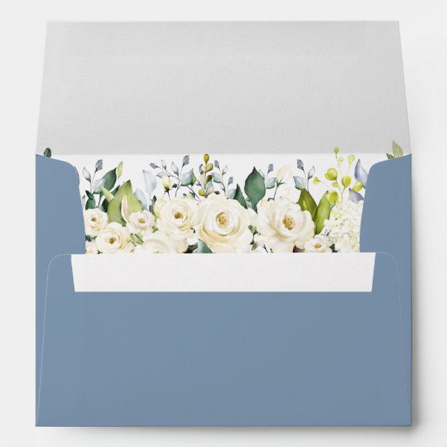 Watercolor White Floral Wedding Dusty Blue Envelope (Back (Bottom))