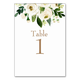 Watercolor White Floral Wedding Gold Text Table Number