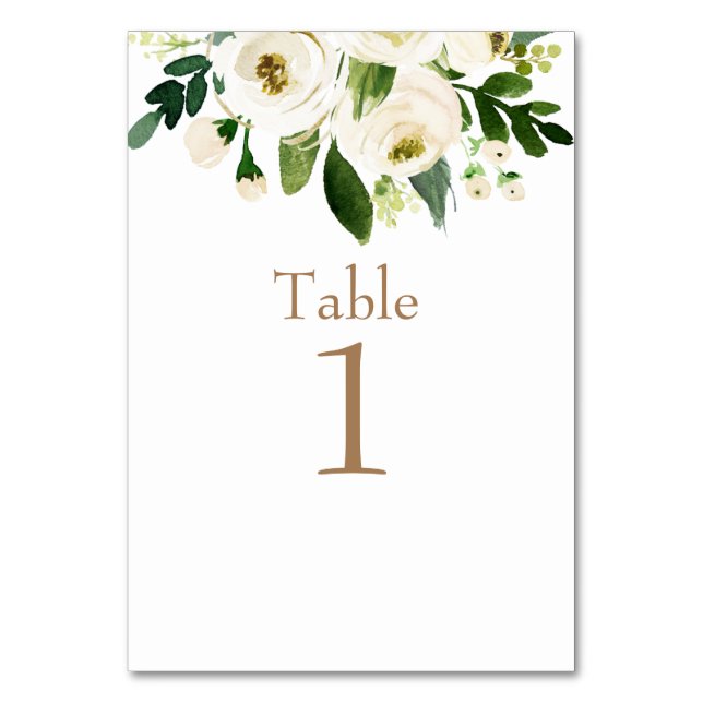 Watercolor White Floral Wedding Gold Text Table Number (Front)