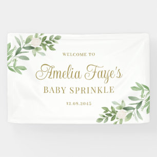 Watercolor White Flower and Greenery Baby Sprinkle Banner