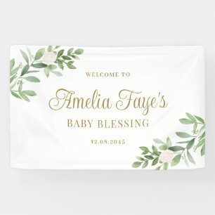 Watercolor White Flower Greenery Baby Blessing Banner