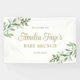 Watercolor White Flowers and Greenery Baby Brunch Banner