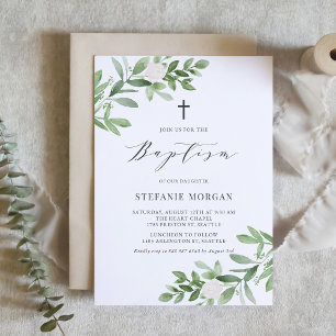 Watercolor White Flowers and Greenery Baptism Invitation