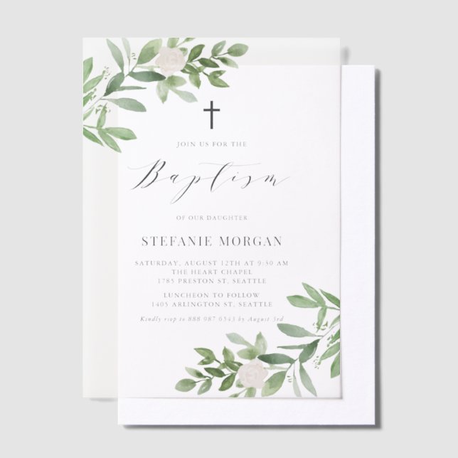 Watercolor White Flowers and Greenery Baptism Vellum Invitations (Offset)