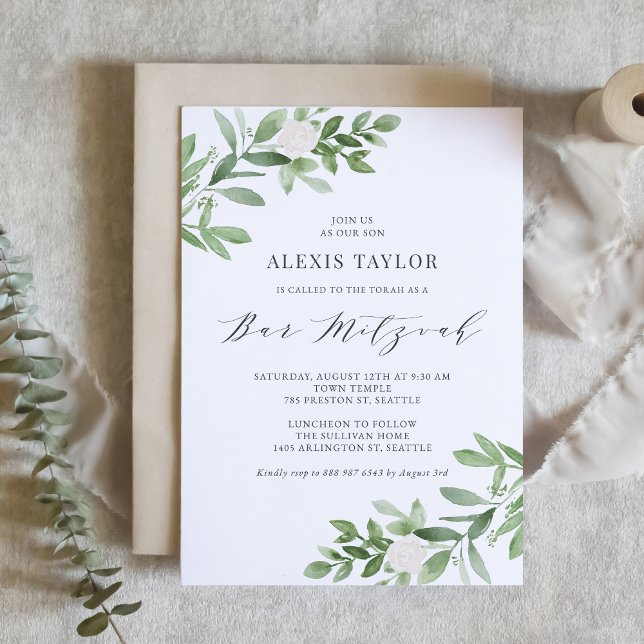 Watercolor White Flowers and Greenery Bar Mitzvah Invitation (Creator Uploaded)