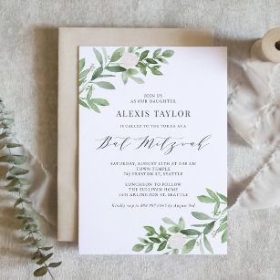 Watercolor White Flowers and Greenery Bat Mitzvah Invitation