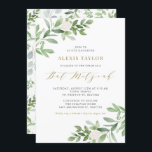 Watercolor White Flowers and Greenery Bat Mitzvah Invitation<br><div class="desc">Invite family and friends with this whimsical greenery invitation. This bat mitzvah invitation features watercolour illustrations of green foliage and white flowers and a matching greenery pattern with gold script. Personalise by adding names, date, time, venue and other event details. This invitation is perfect for spring and garden bat mitzvahs....</div>