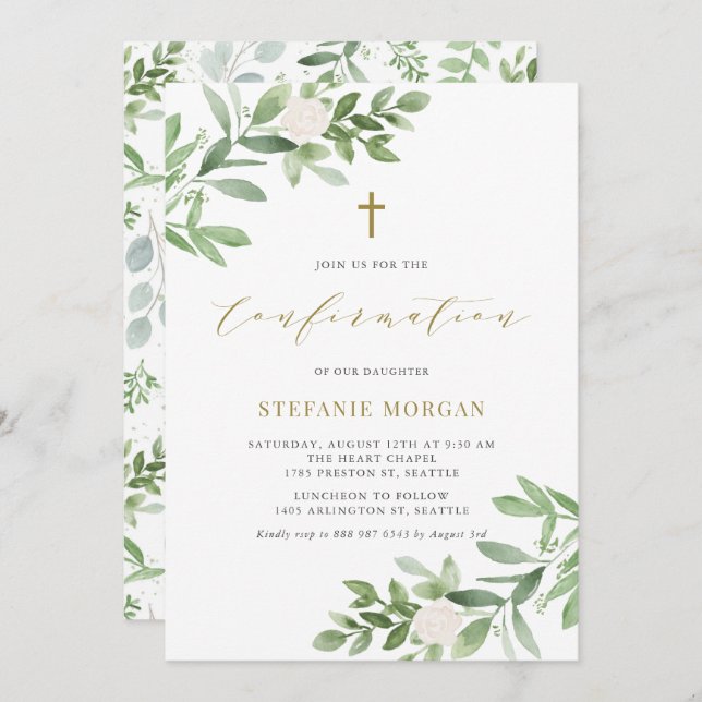 Watercolor White Flowers and Greenery Confirmation Invitation (Front/Back)