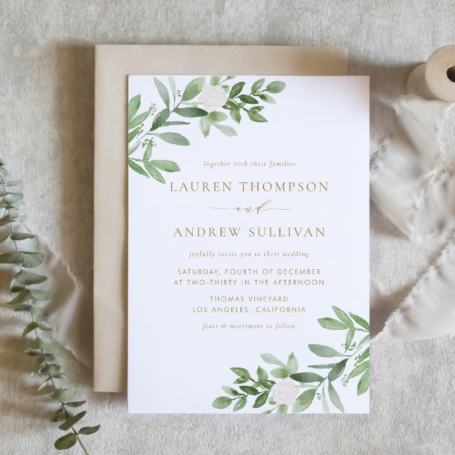 Watercolor White Flowers and Greenery Gold Wedding Invitation (Watercolor White Flowers and Greenery Gold Wedding Invitation)