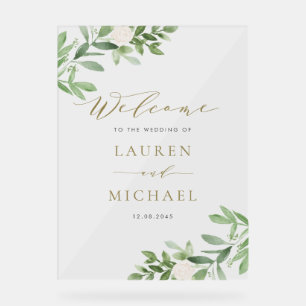 Watercolor White Flowers and Greenery Wedding Acrylic Sign