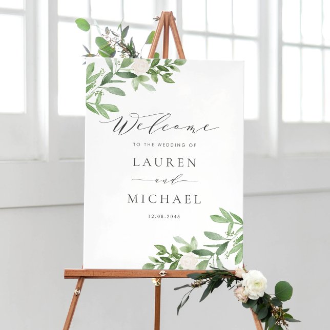 Watercolor White Flowers and Greenery Wedding Poster (Customizable botanical wedding welcome sign featuring watercolor greenery and white flowers)