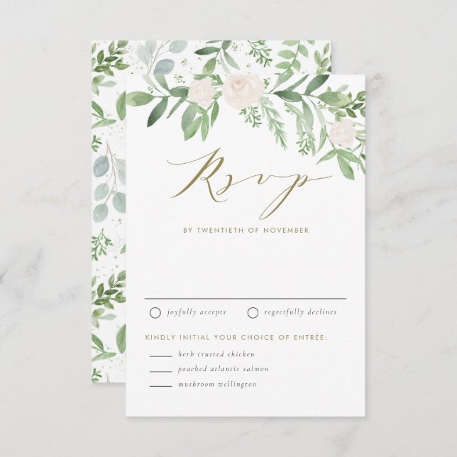 Watercolor White Flowers and Greenery Wedding RSVP Card (Front/Back)