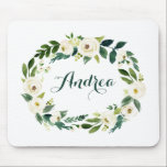 Watercolor White Flowers and Leaves Wreath Script Mouse Pad<br><div class="desc">Whimsical floral theme mousepad. It features watercolor floral wreath of white flowers and greenery. Personalise by adding a name or short phrase. This white floral wreath mousepad is perfect as a personalised gift.</div>