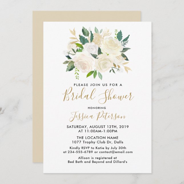 Watercolor White Flowers BridalShower Invitations (Front/Back)