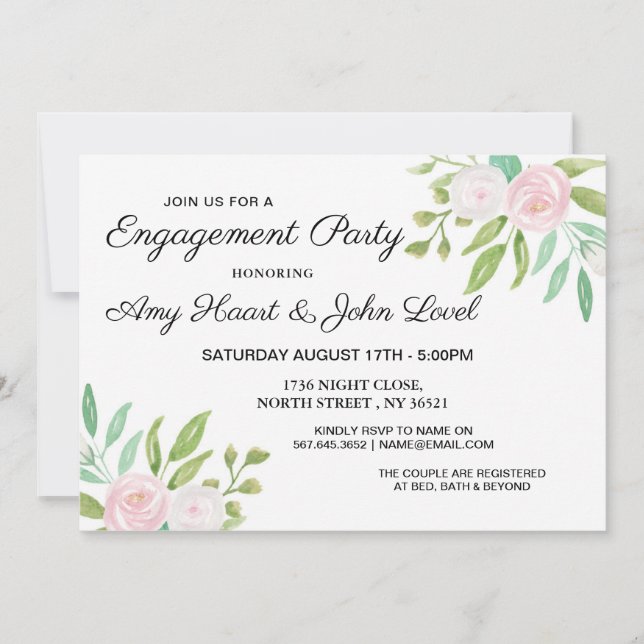 Watercolor White Flowers Engagement Party Invite (Front)