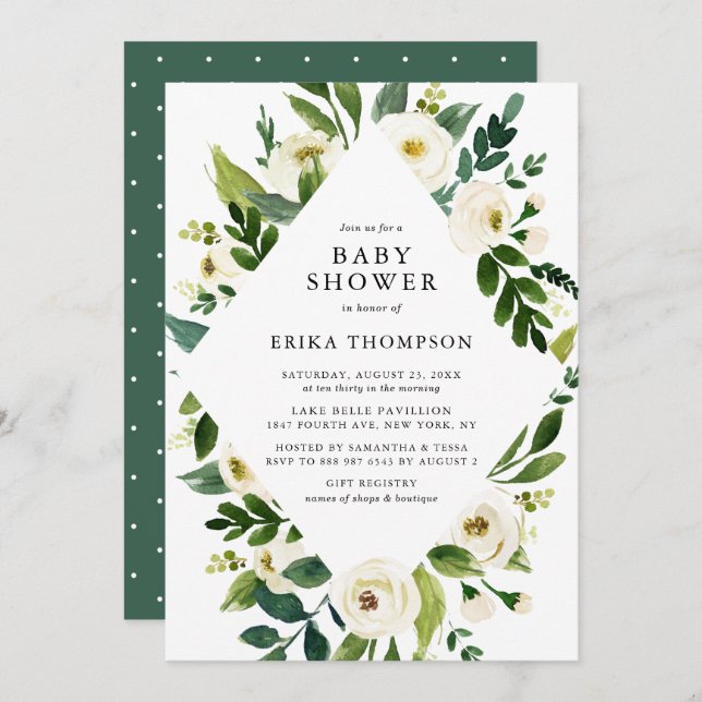 Watercolor White Flowers Frame Baby Shower Invitation (Front/Back)