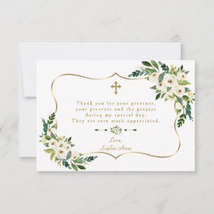 Watercolor White Flowers Gold Frame Girl Baptism Thank You Card
