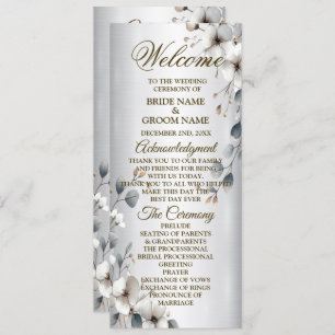 Watercolor White Flowers Gold Frame Silver Wedding Programme
