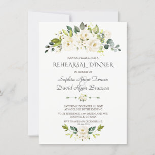 Watercolor White Flowers Gold Rehearsal Dinner Invitation