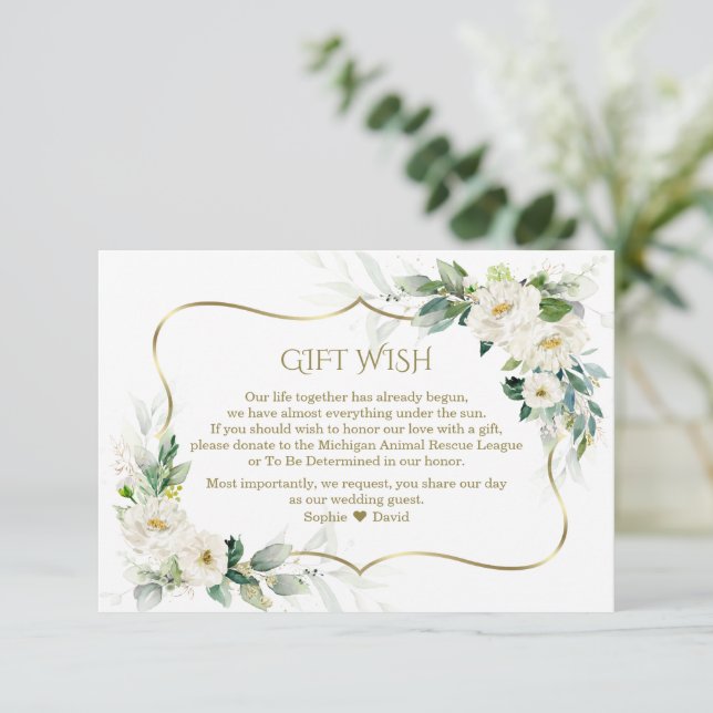 Watercolor White Flowers Gold Wedding Gift Wish  Enclosure Card (Standing Front)