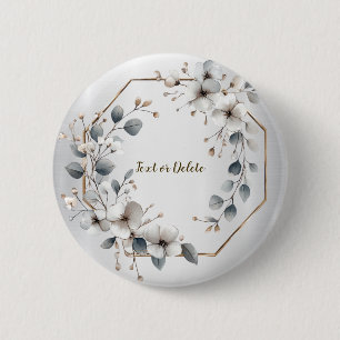 Watercolor White Flowers Golden Frame Silver Teal 6 Cm Round Badge
