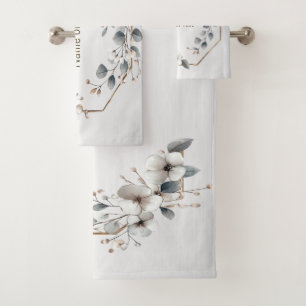 Watercolor White Flowers Golden Frame Silver Teal Bath Towel Set