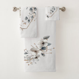 Watercolor White Flowers Golden Frame Silver Teal Bath Towel Set