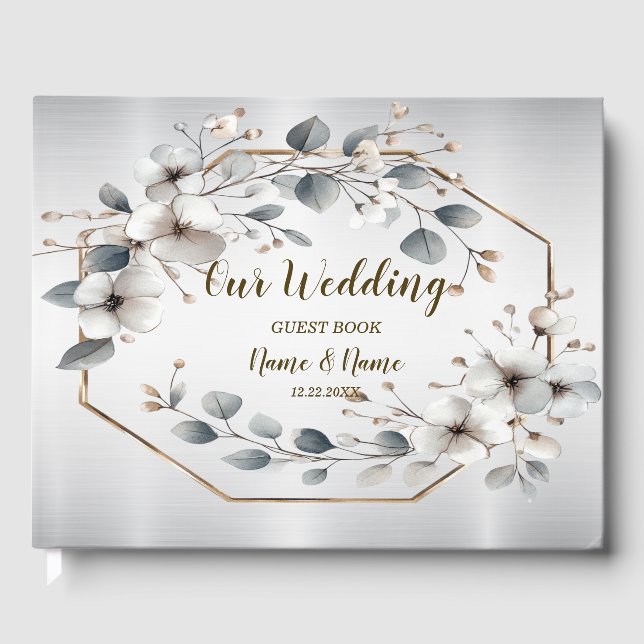 Watercolor White Flowers Golden Frame Silver Teal Guest Book (Front)