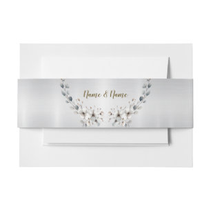 Watercolor White Flowers Golden Frame Silver Teal Invitation Belly Band