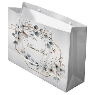 Watercolor White Flowers Golden Frame Silver Teal Large Gift Bag