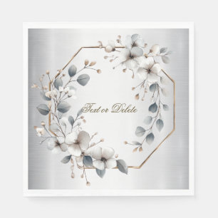 Watercolor White Flowers Golden Frame Silver Teal Napkin