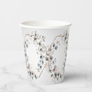 Watercolor White Flowers Golden Frame Silver Teal Paper Cups