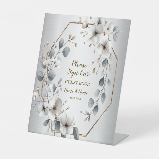 Watercolor White Flowers Golden Frame Silver Teal Pedestal Sign (Front)