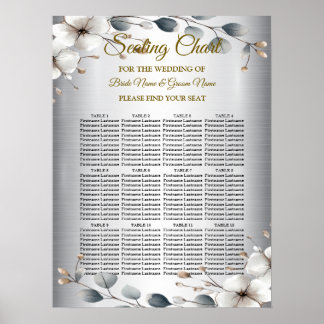 Watercolor White Flowers Golden Frame Silver Teal Poster