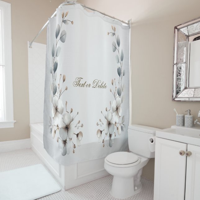Watercolor White Flowers Golden Frame Silver Teal Shower Curtain (In Situ)