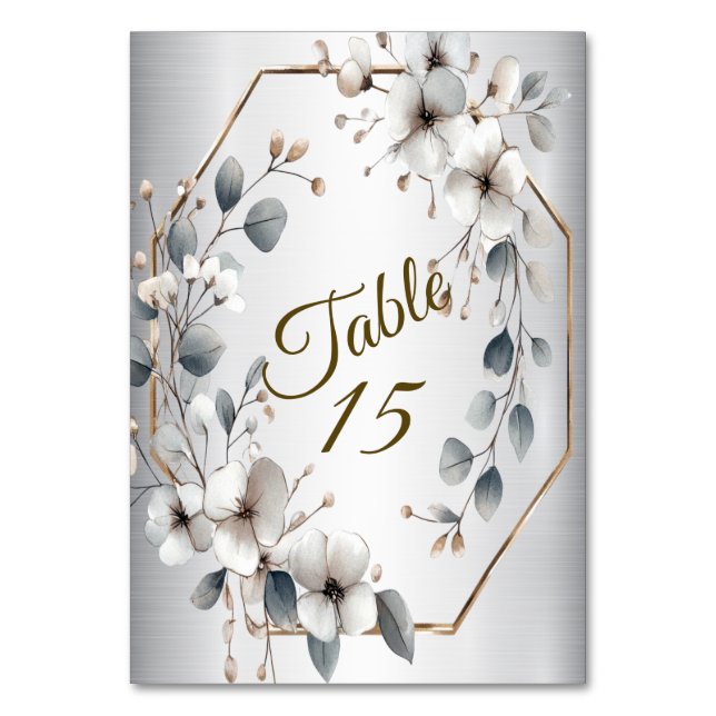 Watercolor White Flowers Golden Frame Silver Teal Table Number (Front)