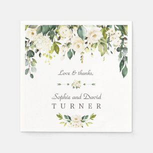 Watercolor White Flowers Green Foliage Wedding Napkin